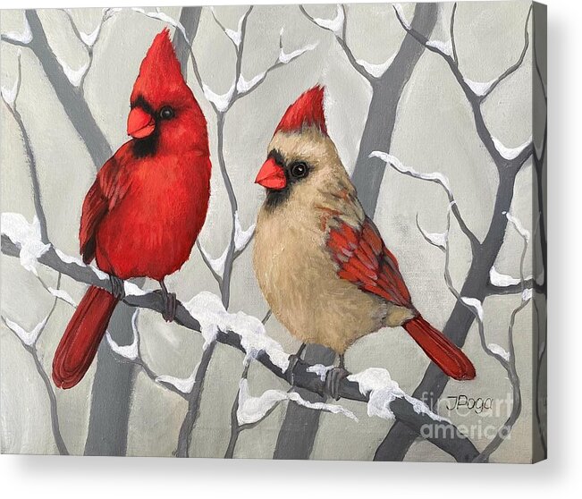 Cardinal Acrylic Print featuring the painting Cardinal couple, winter and snow by Inese Poga