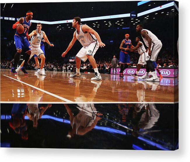 Nba Pro Basketball Acrylic Print featuring the photograph Carmelo Anthony, Brook Lopez, and Mirza Teletovic by Al Bello