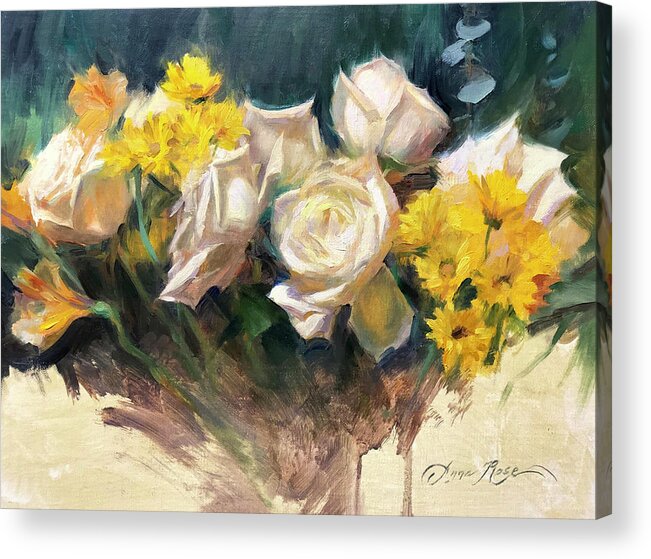 White Roses Acrylic Print featuring the painting Cassie's Bouquet by Anna Rose Bain