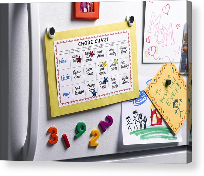 Domestic Room Acrylic Print featuring the photograph Chore Chart on Refrigerator by Jeffrey Coolidge