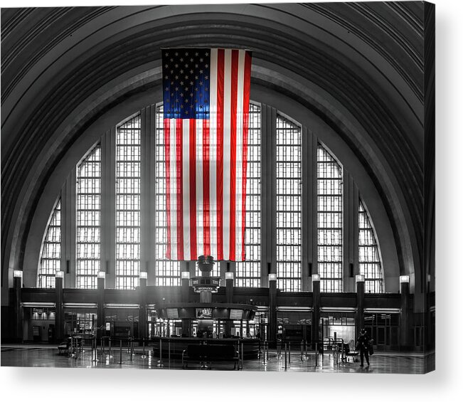 Interior Union Terminal Station Cincinnati Acrylic Print featuring the photograph Cincinnati Union Terminal Interior American Flag by Sharon Popek