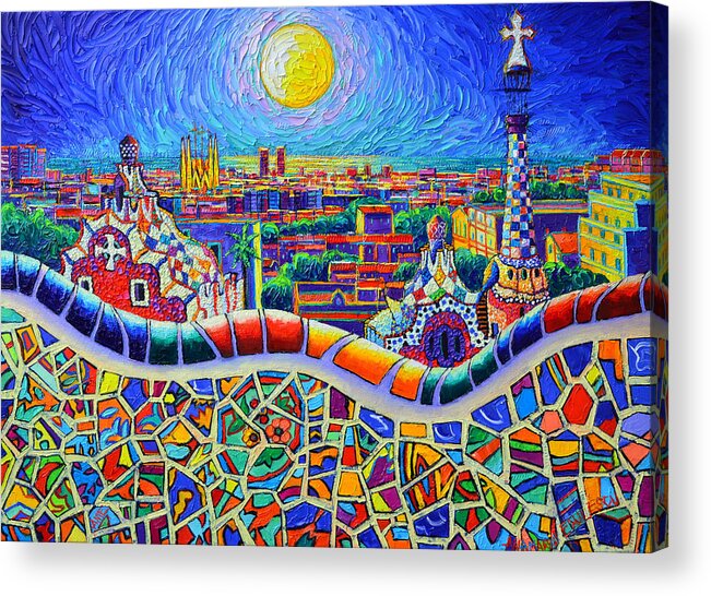 Barcelona Acrylic Print featuring the painting COLORFUL BARCELONA PARK GUELL MAGIC NIGHT BY MOON palette knife oil painting by Ana Maria Edulescu by Ana Maria Edulescu