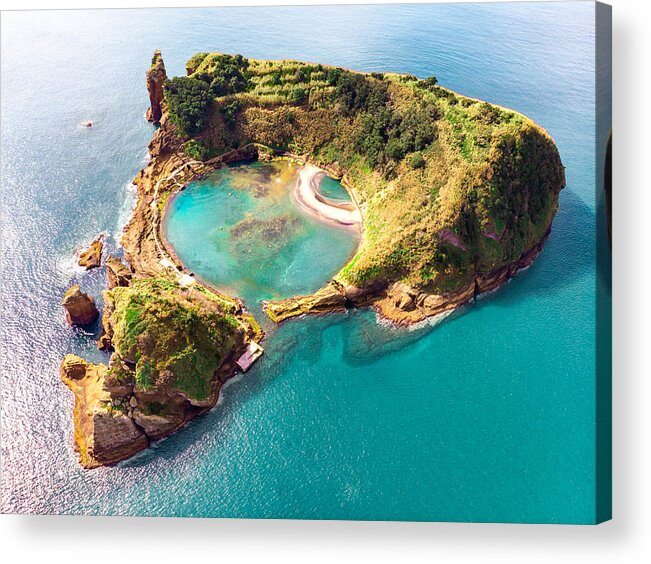 Triangle Shape Acrylic Print featuring the photograph Cool aerial view of circle pool inside volcanic island with eye shape in the Azores islands. by Artur Debat