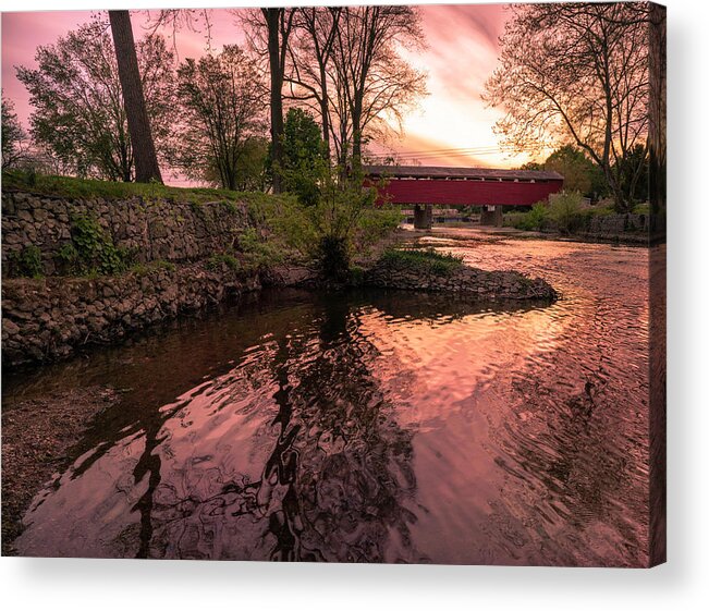 Covered Acrylic Print featuring the photograph Covered Bridge Sunset on the River by Jason Fink