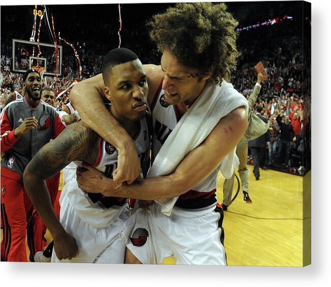 Playoffs Acrylic Print featuring the photograph Damian Lillard and Robin Lopez by Steve Dykes