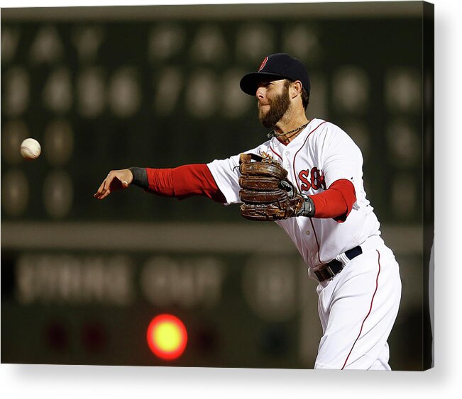 American League Baseball Acrylic Print featuring the photograph Dustin Pedroia and Adam Jones by Jim Rogash