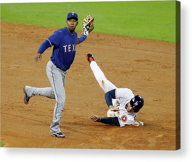 American League Baseball Acrylic Print featuring the photograph Elvis Andrus and George Springer by Scott Halleran