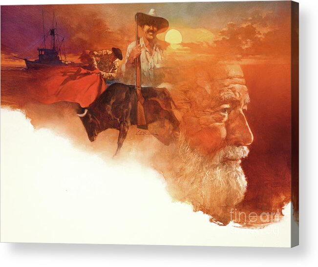 Dennis Lyall Acrylic Print featuring the painting Ernest Hemingway by Dennis Lyall