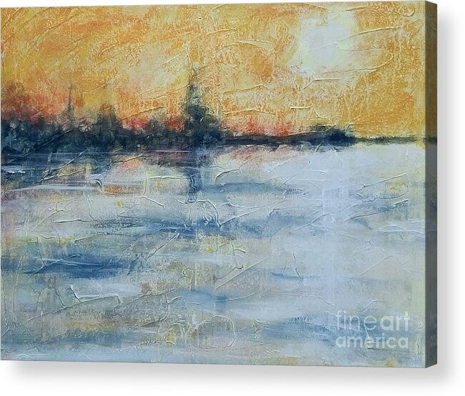Water Abstract Impressionist Land Sun Sky Trees Hills Black White Orange Yellow Blue Reflection Shadows Texture Marks Acrylic Print featuring the painting Evening by Ida Eriksen
