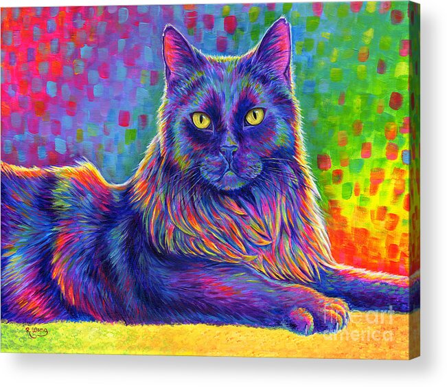 Cat Acrylic Print featuring the painting Psychedelic Rainbow Black Cat - Felix by Rebecca Wang