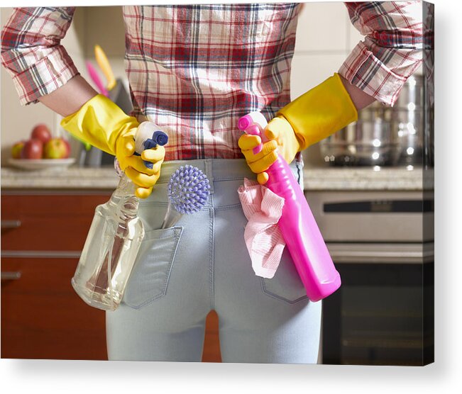 People Acrylic Print featuring the photograph Girl preparing to spring clean kitchen by Peter Dazeley