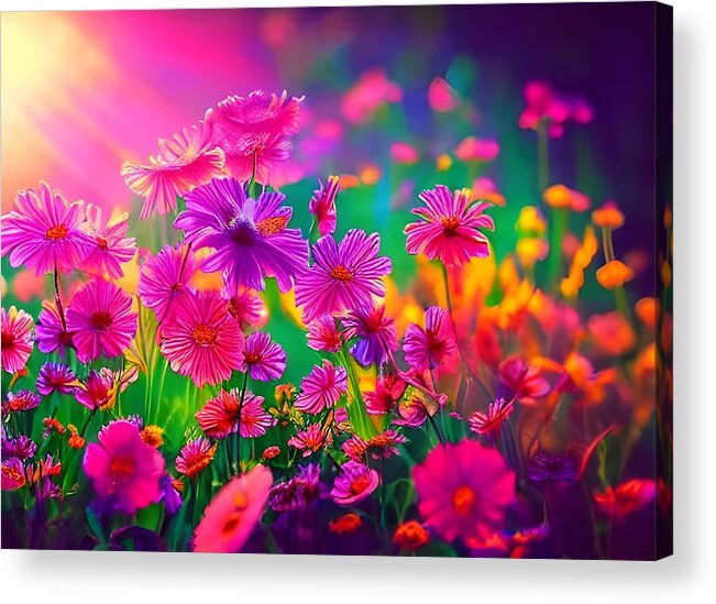 Digital Acrylic Print featuring the digital art Glowing Pink Flowers by Beverly Read