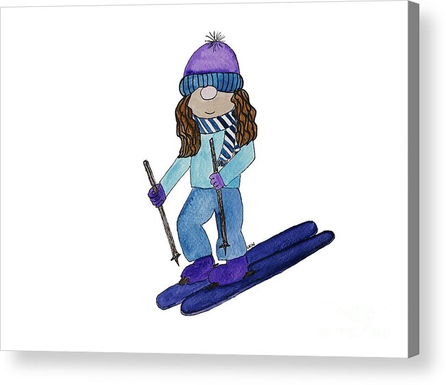Gnome Girl Acrylic Print featuring the mixed media Gnome Girl Skier by Lisa Neuman