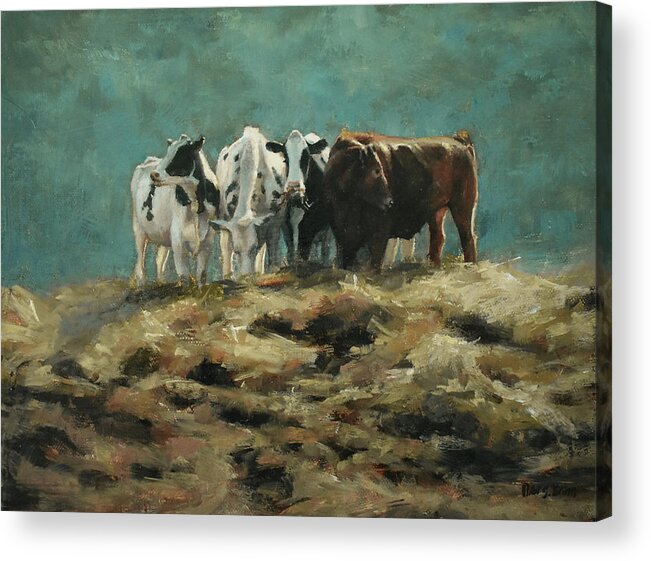Cows On A Hill Acrylic Print featuring the painting Happily Grazing by Bibi Snelderwaard Brion