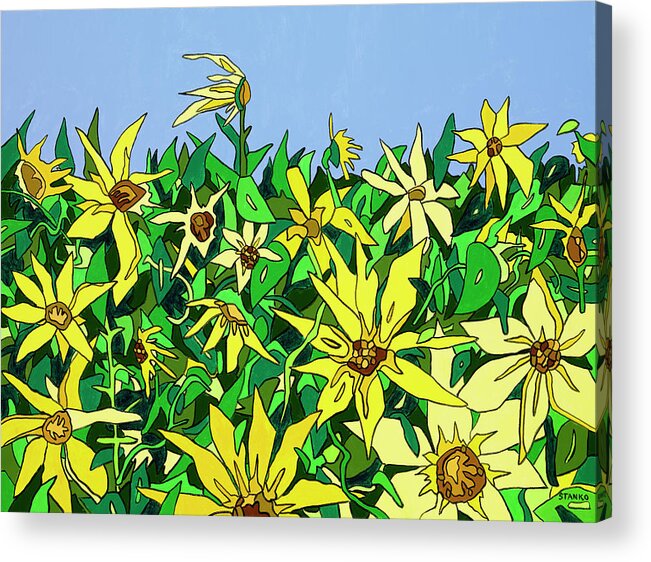 Sunflowers Long Island Summer Flowers Sun Acrylic Print featuring the painting In Northfork Gardens by Mike Stanko