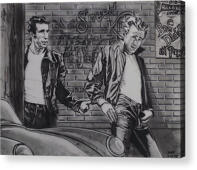 Charcoal Pencil On Paper Acrylic Print featuring the drawing James Dean Meets The Fonz by Sean Connolly