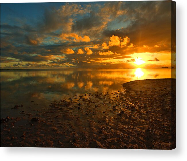 Anini Beach Acrylic Print featuring the photograph Kauai Sunrise Reflections - Anini Beach by Stephen Vecchiotti