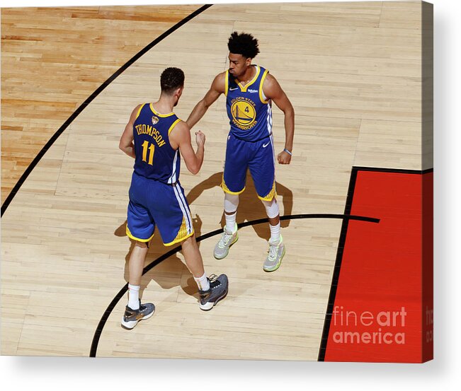 Playoffs Acrylic Print featuring the photograph Klay Thompson and Jonas Jerebko by Mark Blinch