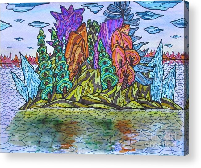 Lauren Harris Group Of 7 Island Landscape Northern Ontario Mask Lobby Abstract Office Unique Trees Tree Acrylic Print featuring the painting Lauren's Island by Bradley Boug