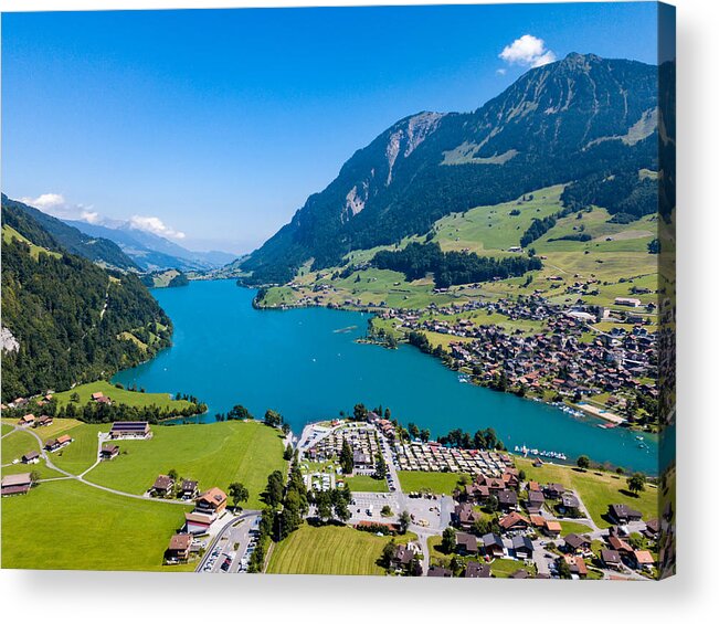 Scenics Acrylic Print featuring the photograph Lungern Village and its Lake Bird Eyes View by Werner Büchel