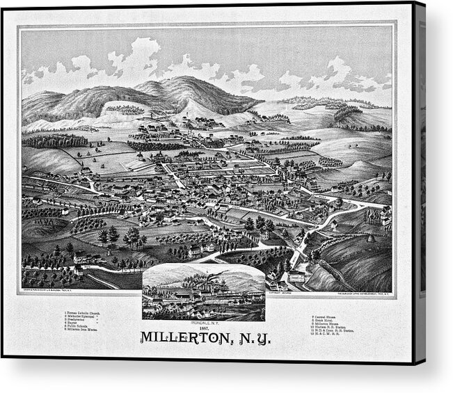 New York Map Acrylic Print featuring the photograph Millerton New York Vintage Map Aerial View 1887 Black and White by Carol Japp