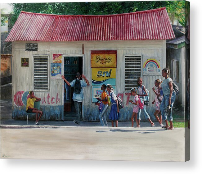 Caribbean Acrylic Print featuring the painting Miss Helen's Shop by Jonathan Gladding