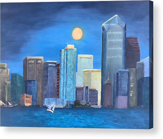 City Acrylic Print featuring the painting Moon and Skyline by Deborah Naves