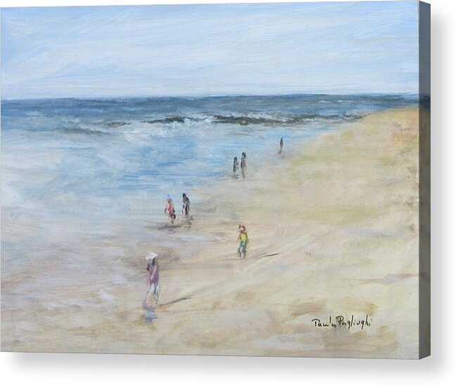 Painting Acrylic Print featuring the painting Morning Beach Crowd by Paula Pagliughi
