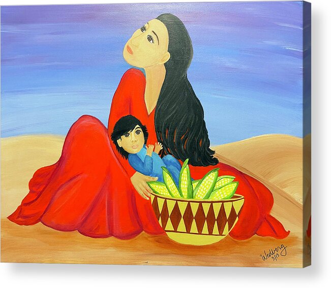 Southwestern Art Acrylic Print featuring the painting Mother and Corn by Christina Wedberg
