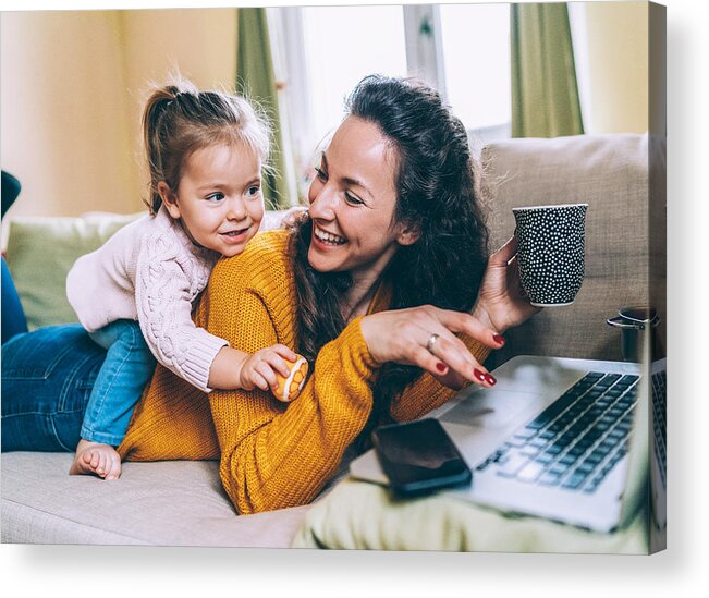 Bulgaria Acrylic Print featuring the photograph Mother and daughter Having fun online by Filadendron
