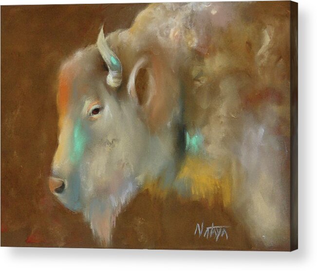 Bison Acrylic Print featuring the pastel White Buffalo Spirit by Nataya Crow