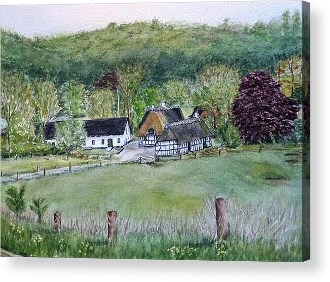 Landscape In Denmark Acrylic Print featuring the painting Old Danish Farm House by Kelly Mills