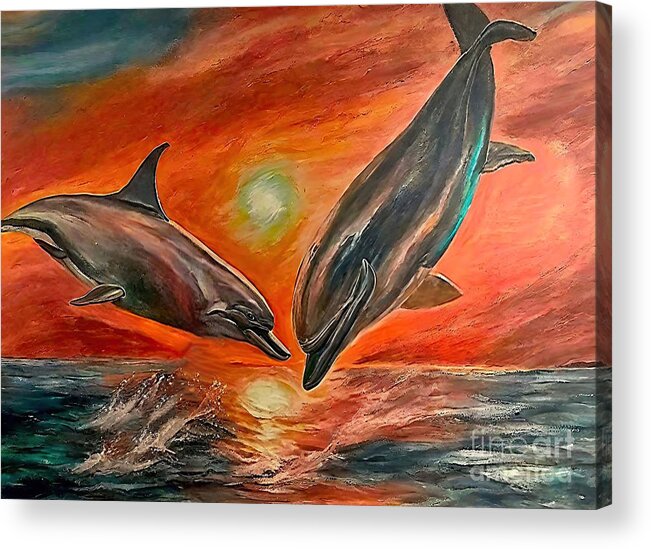 Nature Acrylic Print featuring the painting Painting Together nature water sea wildlife dolph by N Akkash