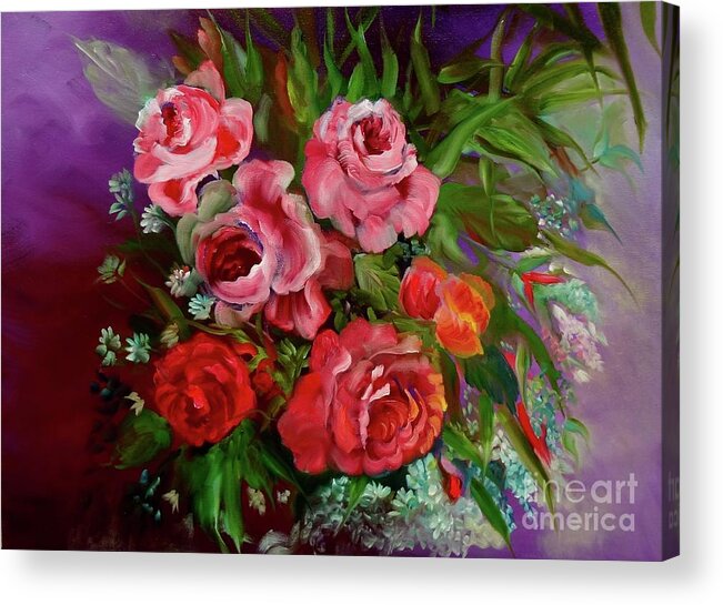 Pink Roses Acrylic Print featuring the painting Parade of Roses by Jenny Lee
