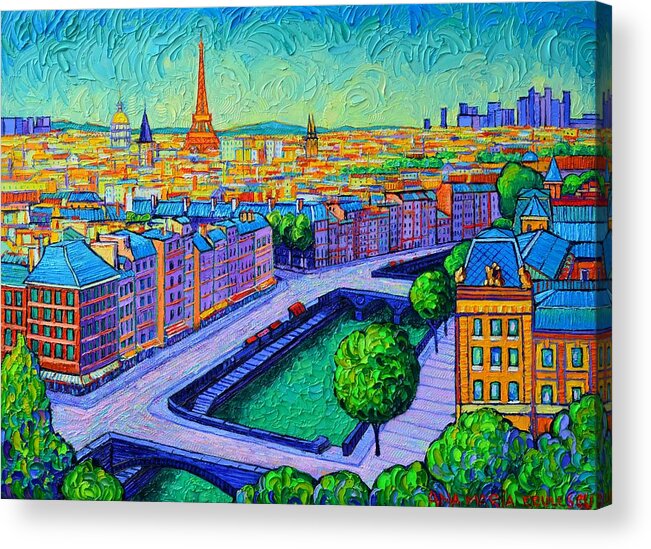 Paris Acrylic Print featuring the painting PARIS DAWN VIEW FROM NOTRE DAME TOWERS commissioned painting abstract cityscape Ana Maria Edulescu by Ana Maria Edulescu