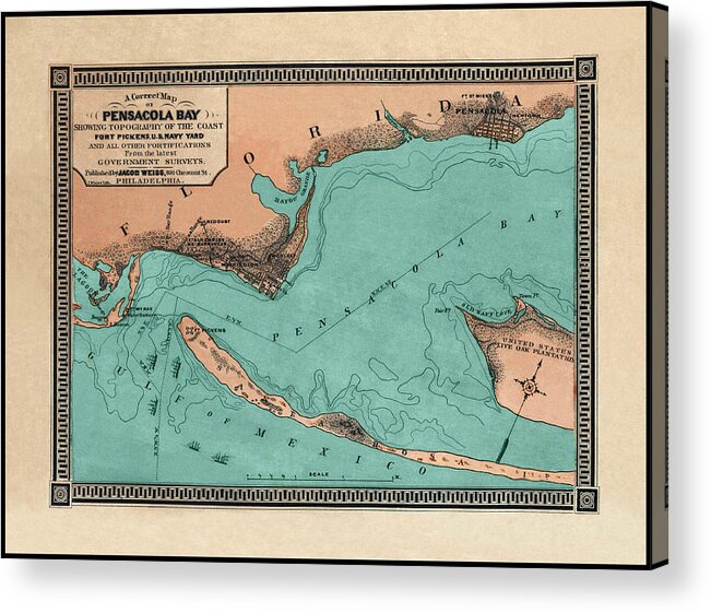 Florida Map Acrylic Print featuring the photograph Pensacola Bay Florida Vintage Map 1860 by Carol Japp