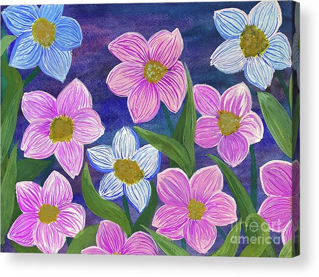 Pink Acrylic Print featuring the mixed media Pink and Blue Flowers by Lisa Neuman