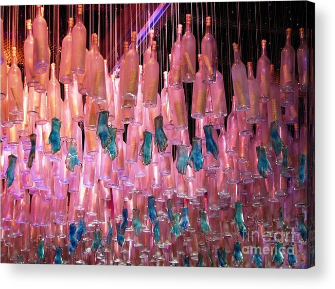 Ceiling Art Acrylic Print featuring the photograph Pink Bottles and Blue Hands by Rosanne Licciardi