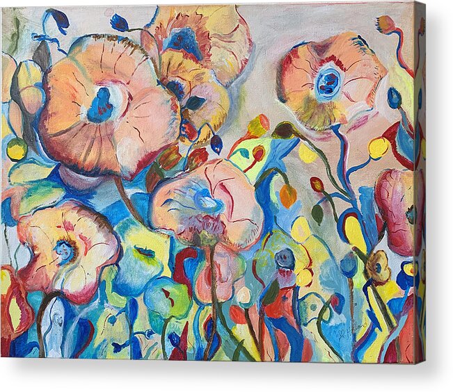 Abstract Acrylic Print featuring the painting Abstract poppies and blue by Genevieve Holland