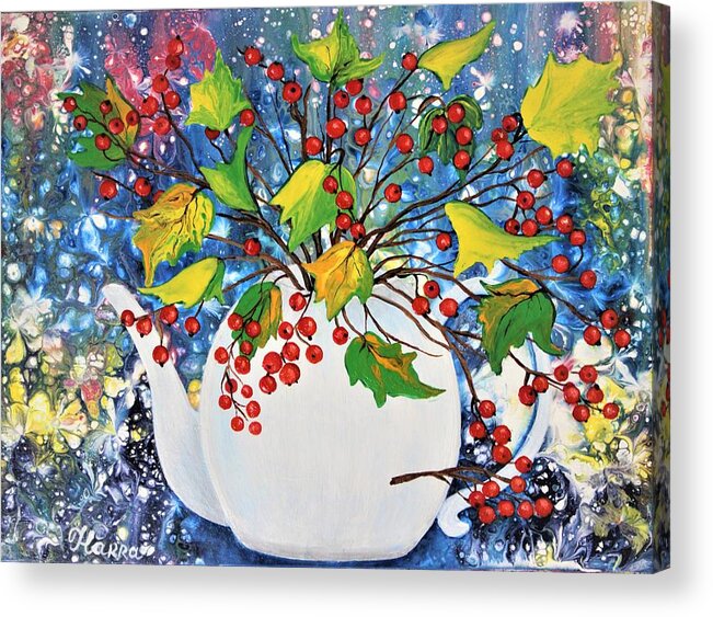 Wall Art Home Decor Red Berries Yellow Leaves Viburnum Red Teapot Abstract Painting Acrylic Painting Pouring Art Pouring Technique Gift Idea Gallery Art Acrylic Print featuring the painting Red Berries by Tanya Harr