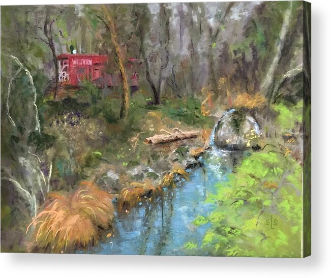 Caboose Acrylic Print featuring the pastel Red Caboose by Sandra Lee Scott