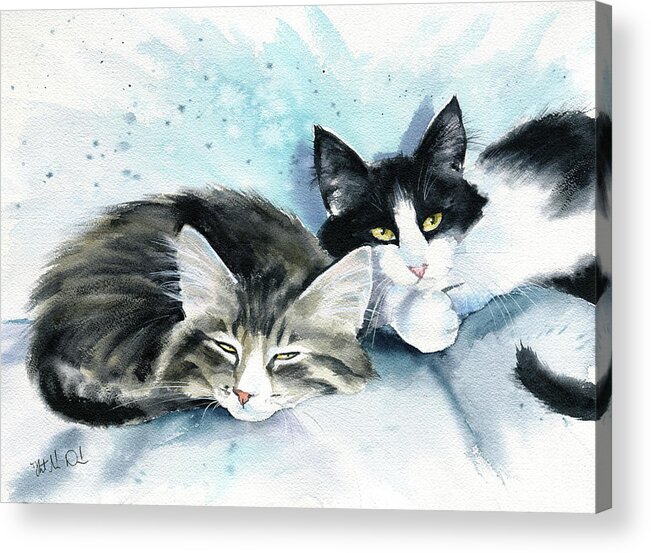 Cat Paintings Acrylic Print featuring the painting Sleepyheads Cat Painting by Dora Hathazi Mendes