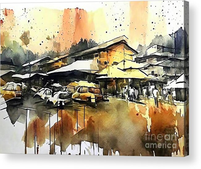 Shillong Acrylic Print featuring the painting Somewhere in Shillong Painting Shillong Northeast India Meghalaya The Abode of Clouds Indian hill station aerial architecture beach bombay bombay slums building building exterior buildings built by N Akkash