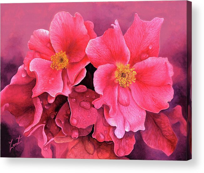 #songsof #roses #sister #named #water #droplets #red #garden #roses Acrylic Print featuring the painting Songs Of Wild Roses by June Pauline Zent
