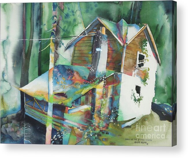 #spirirofthestonehouse #house #stone #spirit #watercolor #watercolorpainting #sebastopol #california #occidental #glenneff #neff #picturerockstudio #thesoundpoetsmusic #forest Www.glenneff.com Acrylic Print featuring the painting Spirit of the Stone House by Glen Neff