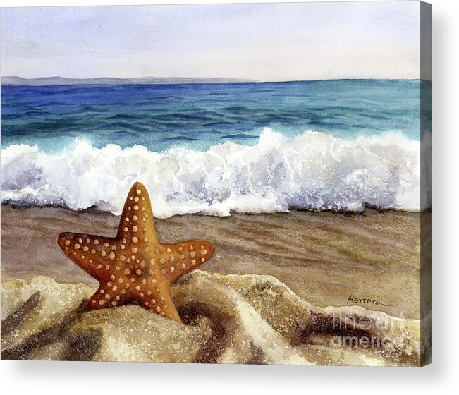 Starfish Acrylic Print featuring the painting Starfish and Sea Wave by Hailey E Herrera