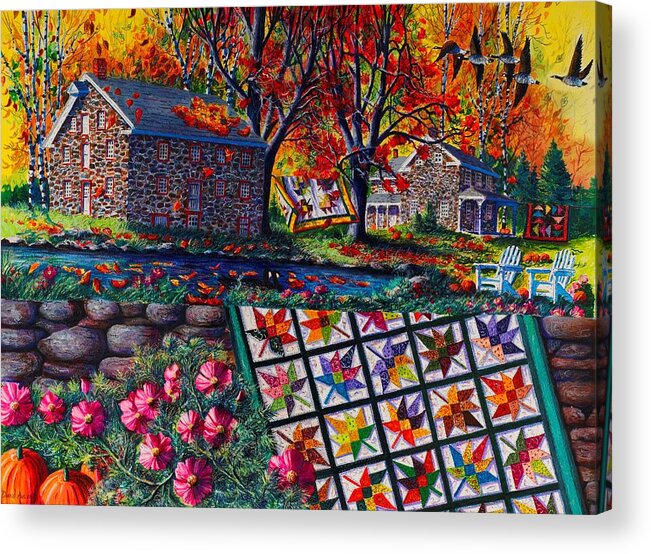 Landscape Of Stone Mill Autumn Crossing Acrylic Print featuring the painting Stone Mill Autumn Crossing by Diane Phalen