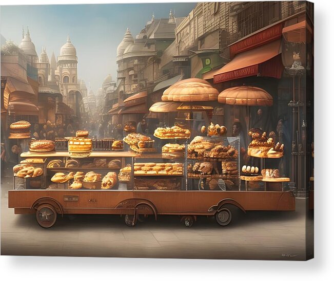 Digital Bread Pastry Cart Vendor Acrylic Print featuring the digital art Street Pastry Cart by Beverly Read