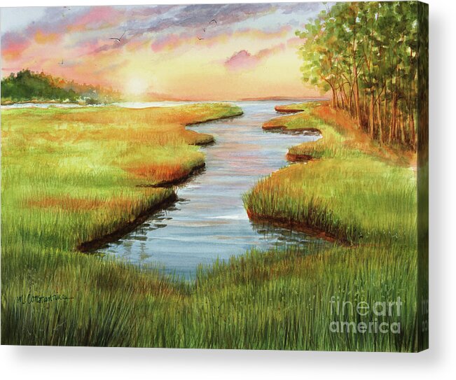 Sunset At Mill Creek Watercolor Acrylic Print featuring the painting Sunset at Mill Creek Watercolor by Michelle Constantine