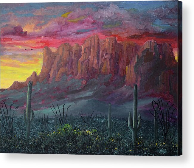 Superstition Mountains Acrylic Print featuring the painting Superstition Mountains Sunrise by Chance Kafka